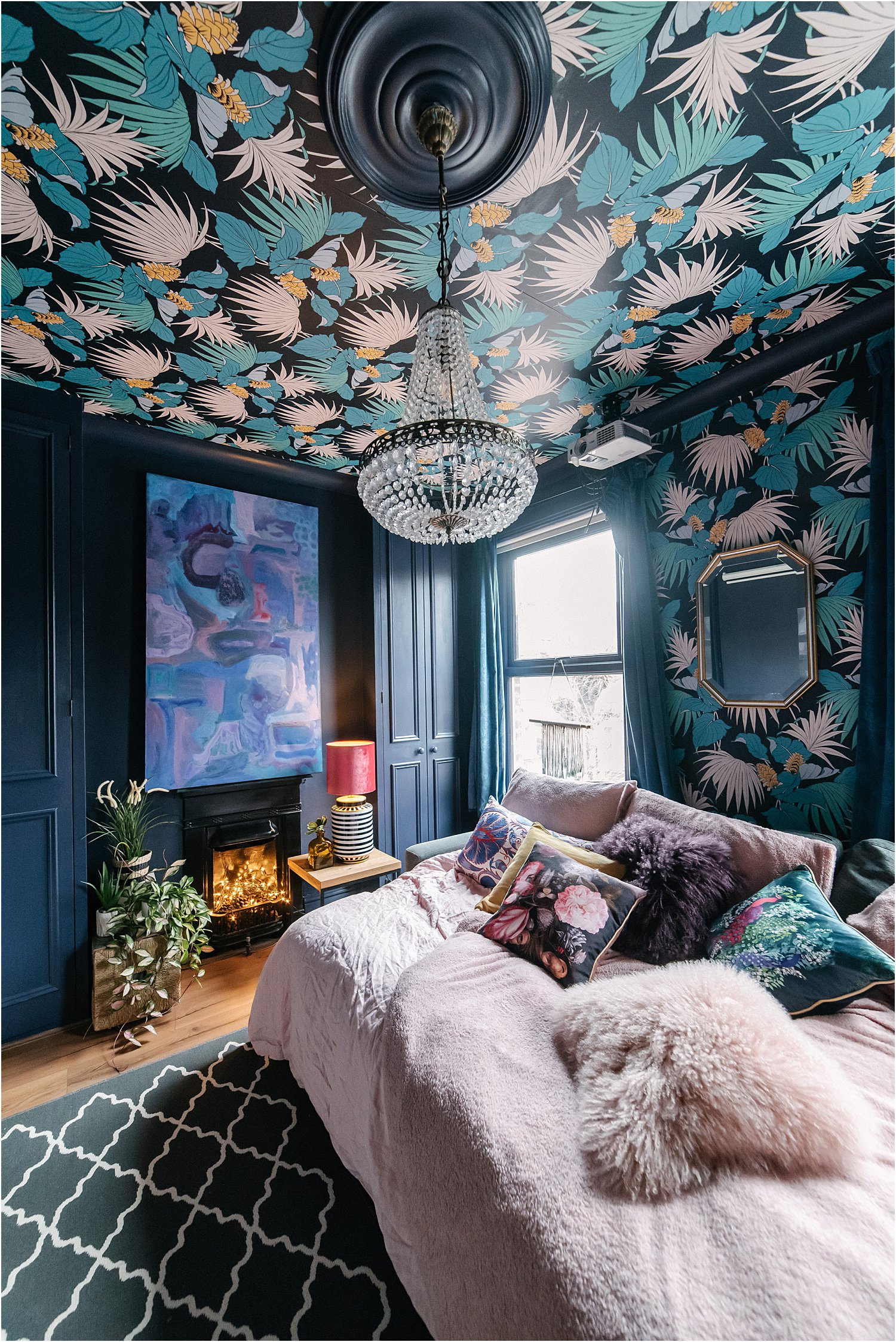 wallpaper-on-ceiling-blue-girls-bedroom