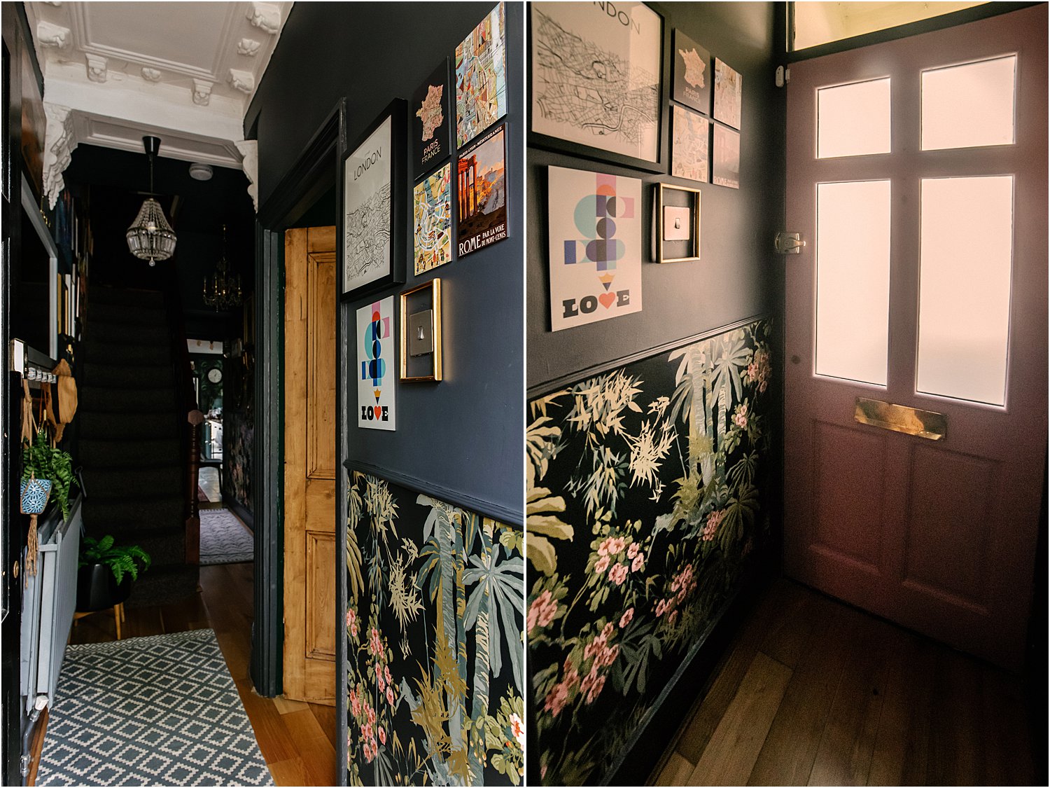 dark-blue-grey-pink-hallway-revamp-wallpaper-dado-rail-maximalist-eclectic