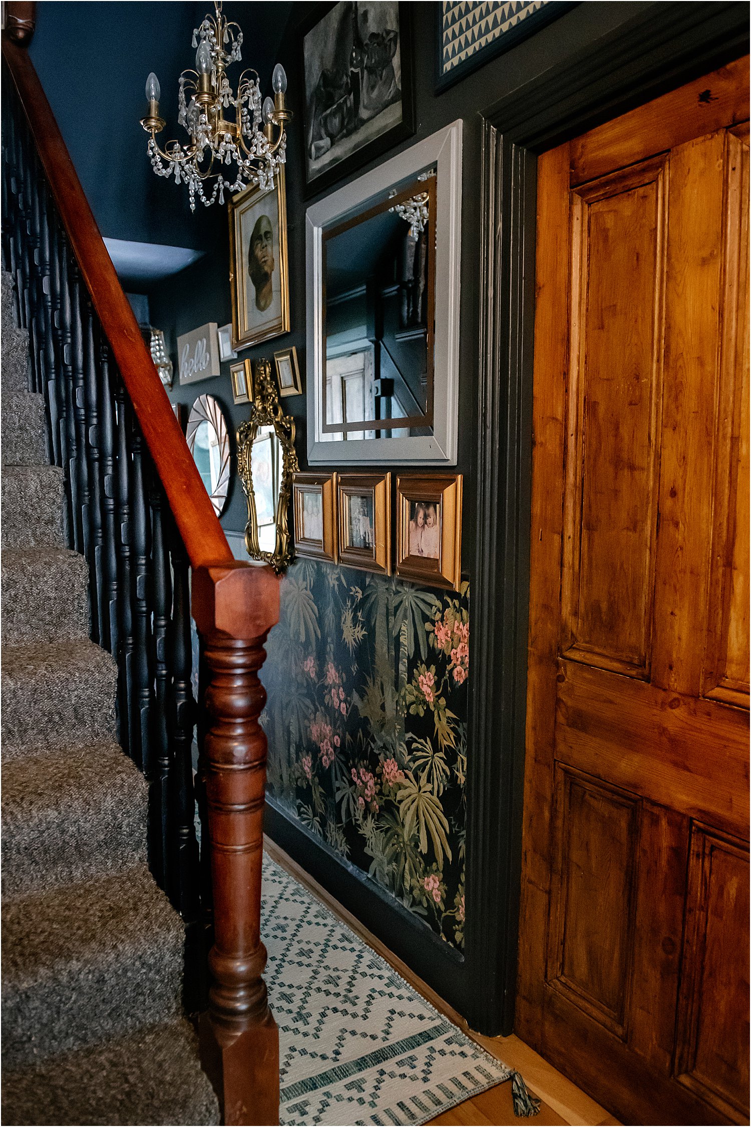 dark-blue-grey-pink-hallway-revamp-wallpaper-dado-rail-maximalist-eclectic