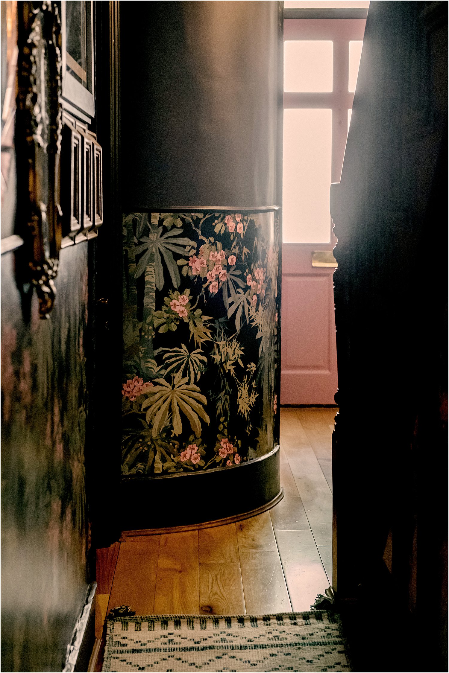 dark-blue-grey-pink-hallway-revamp-wallpaper-dado-rail-maximalist-eclectic