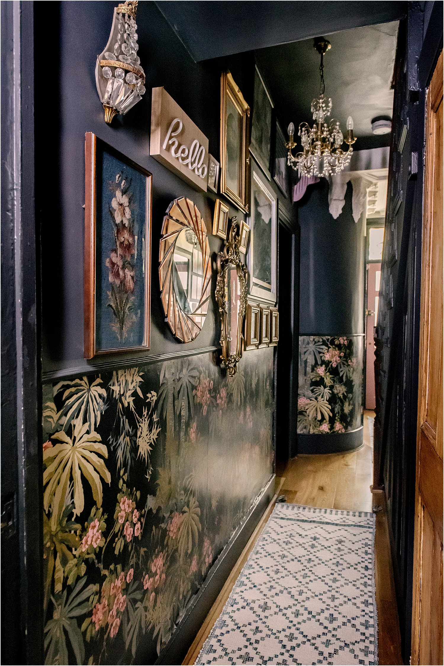 dark-blue-grey-pink-hallway-revamp-wallpaper-dado-rail-maximalist-eclectic