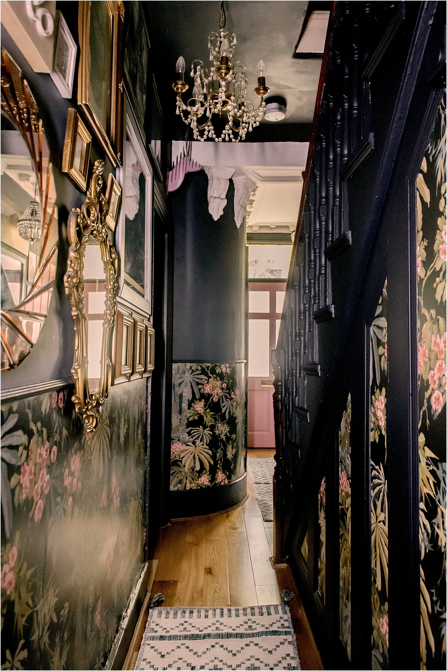 dark-blue-grey-pink-hallway-revamp-wallpaper-dado-rail-maximalist-eclectic