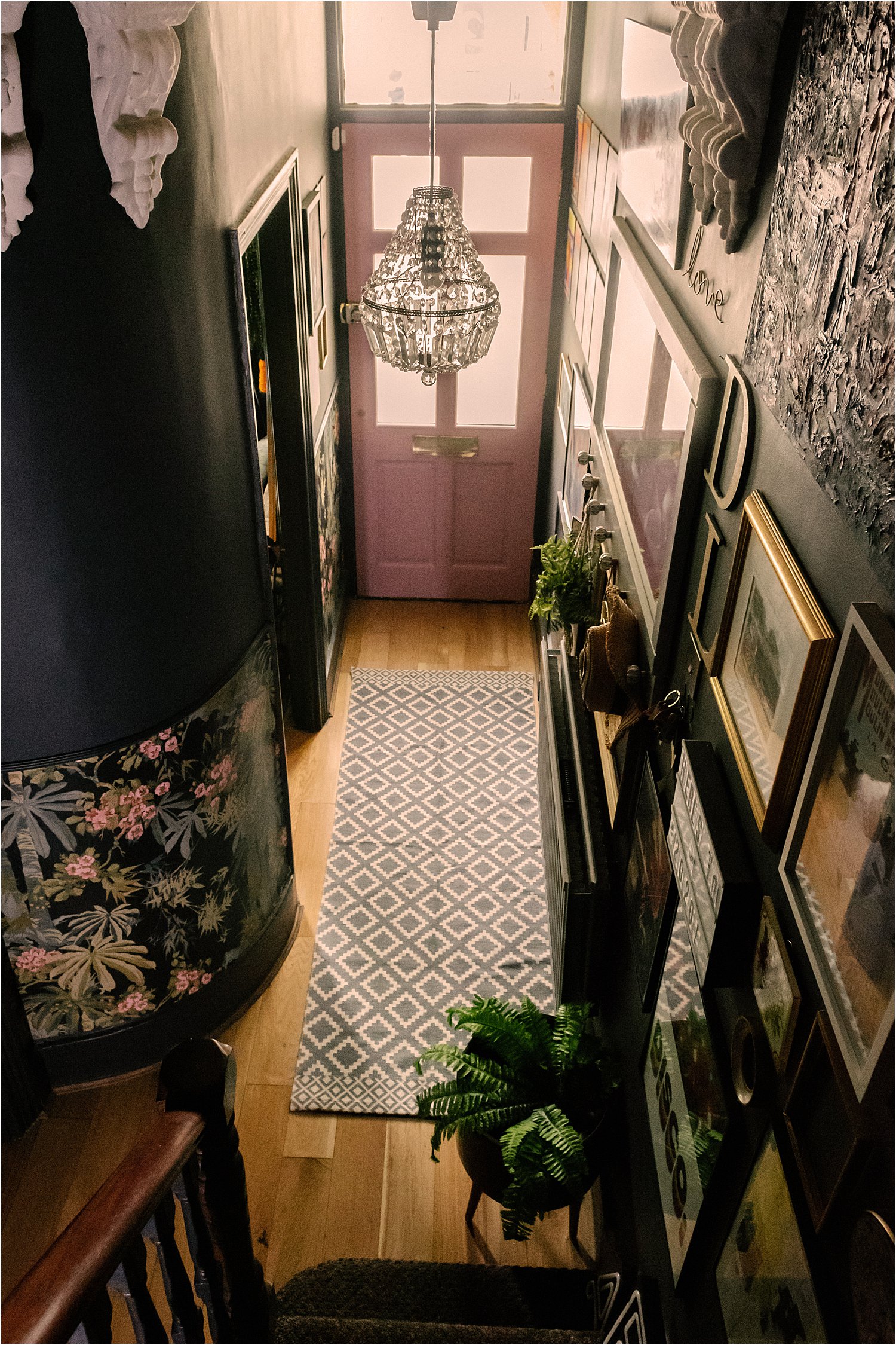 dark-blue-grey-pink-hallway-revamp-wallpaper-dado-rail-maximalist-eclectic