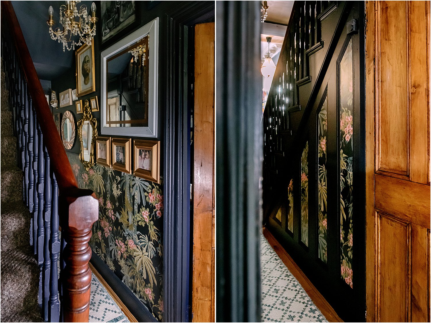 dark-blue-grey-pink-hallway-revamp-wallpaper-dado-rail-maximalist-eclectic