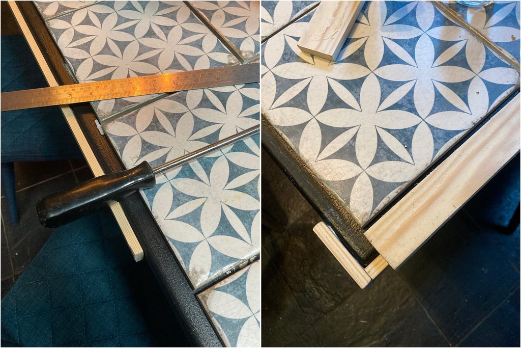 How to tile a dining table DIY using geo blue white tiles