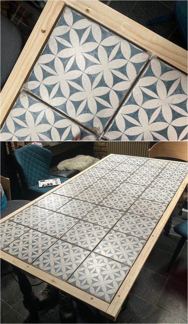 How to tile a dining table DIY using geo blue white tiles