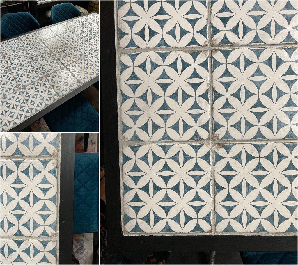How to tile a dining table DIY using geo blue white tiles