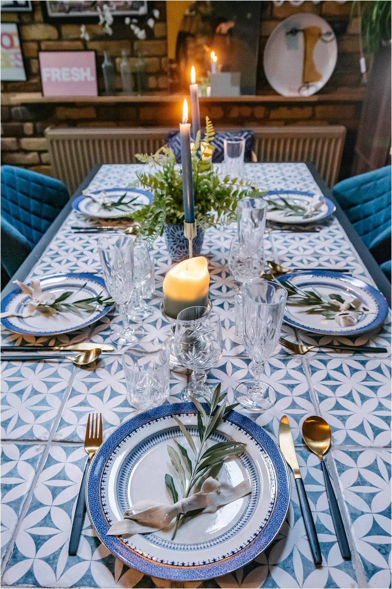 How to tile a dining table DIY using geo blue white tiles