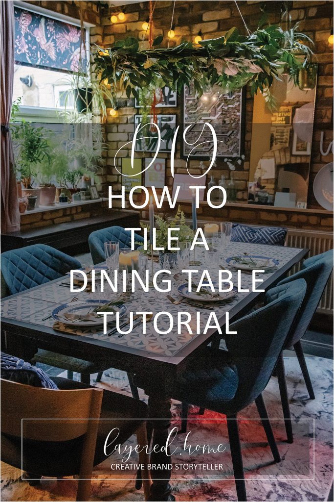 How to tile a dining table DIY using geo blue white tiles